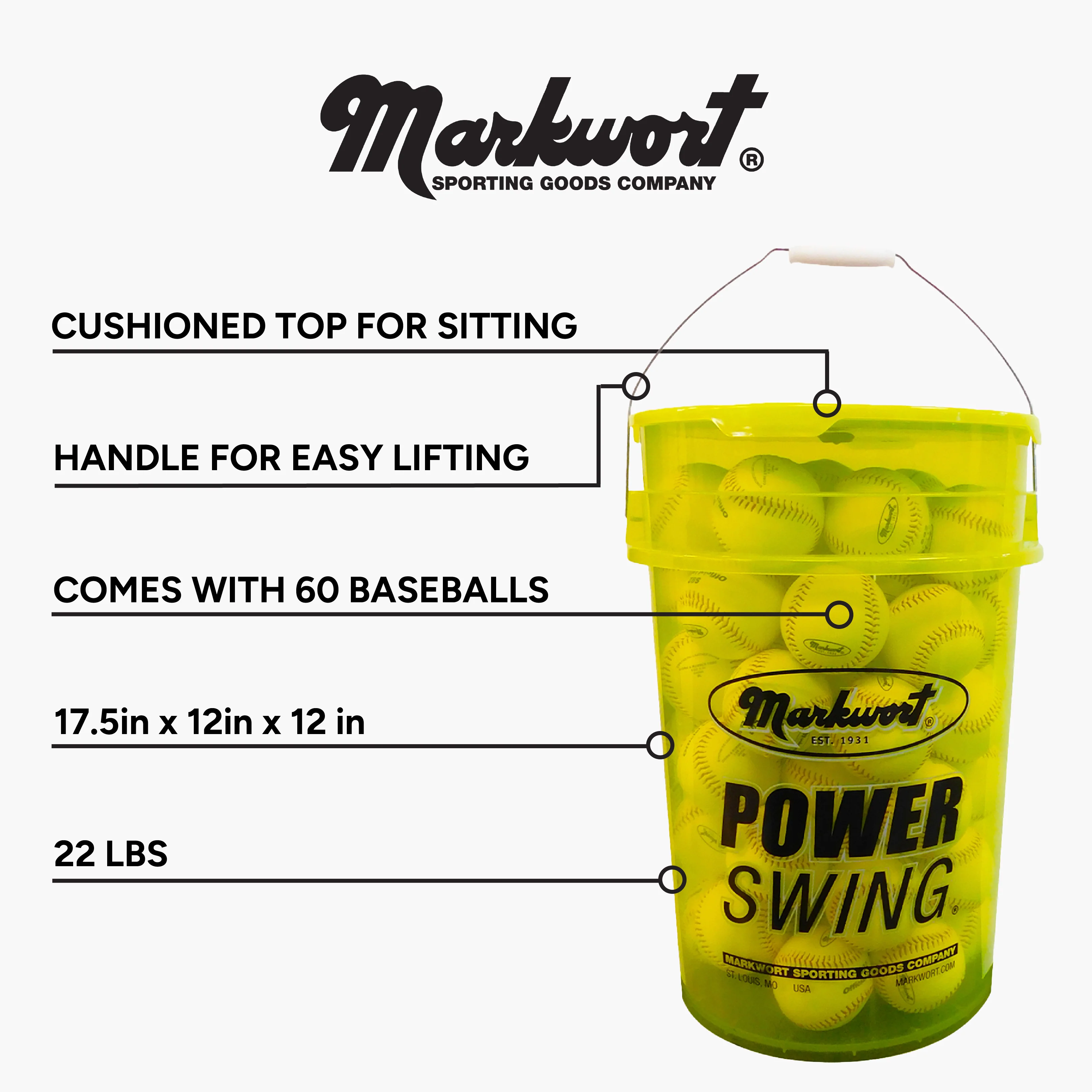 Markwort PowerSwing Baseball Bucket with 60 Practice Baseballs - Image 4